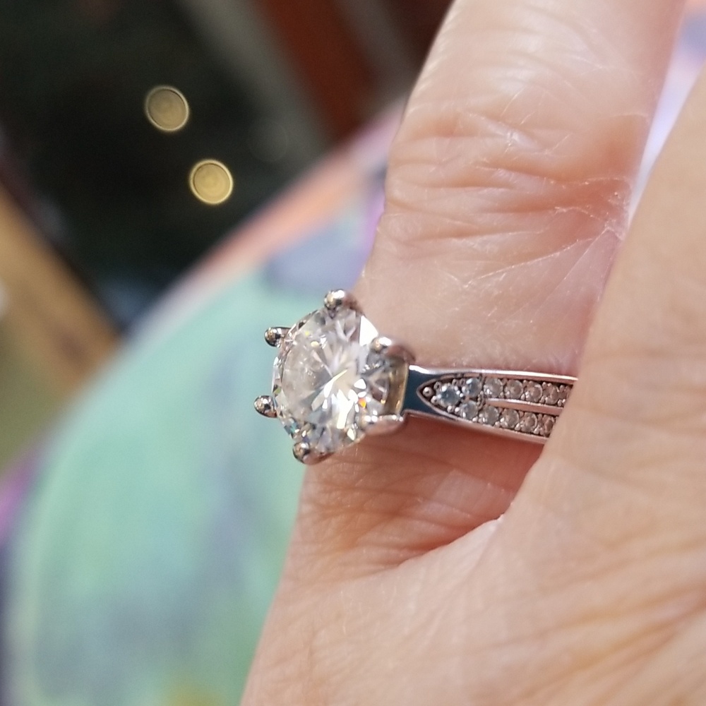 Classic Silver Solitaire Moissanite Ring Pav Acce… - image 6